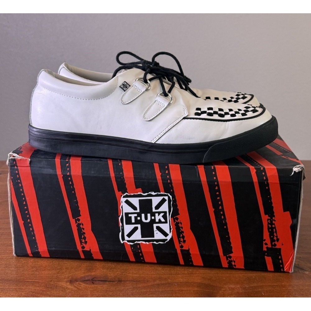 T.U.K. White Leather Sz M-12 W-14 Viva Mondo Creepers Platform Lace-Up Shoes